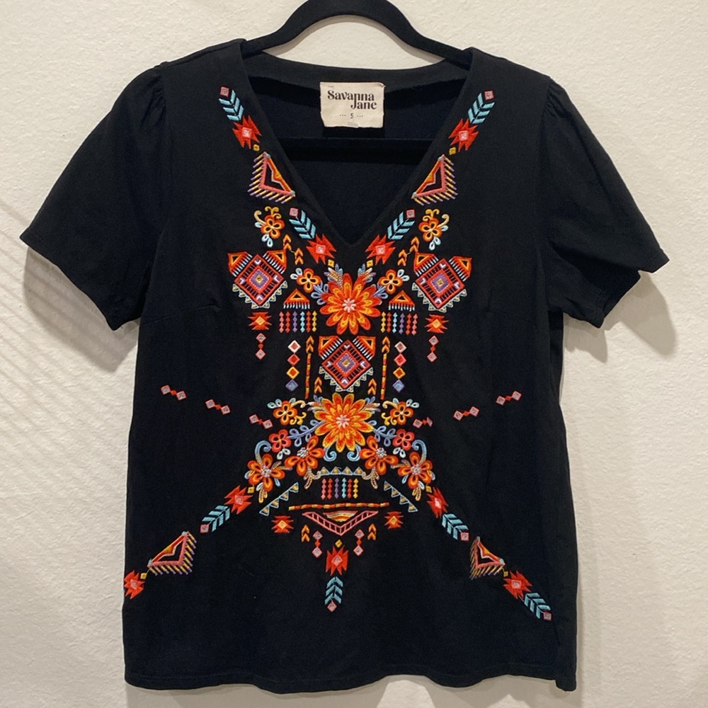 Savanna Jane Boho embroidery short sleeve v neck top